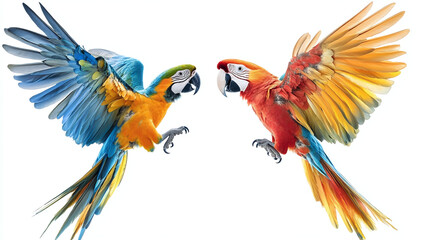 Set of colorful flying macaw parrot, isolated on white background
