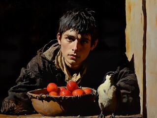 Canvas Print - A Young Man and a Bird: A Painting of Solitude and Contemplation