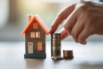 Poster - Photo of a hand offering a miniature house in exchange with an other hand offering a stack of coins money architecture investment.