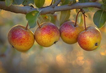 Poster - Close-up of four ripe pears hanging from a branch.