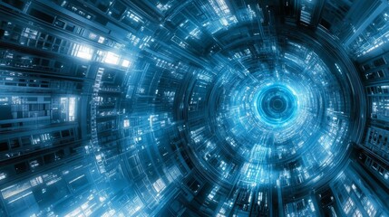 Wall Mural - abstract technology product display background. glowing sci-fi circle circuit hud on blue dotted dat