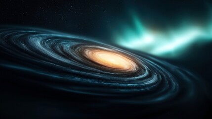 Wall Mural - digital artwork of a glowing spiral galaxy with a luminous core surrounded by swirling gas and dust,