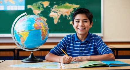 Curious Hispanic male elementary school student with globe and maps