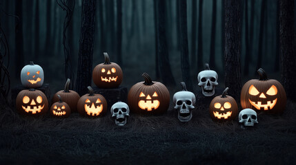 Wall Mural - A spooky scene with carved, glowing jack-o'-lanterns and human skulls arranged in a dark, eerie forest setting