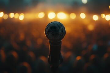 Microphone standing on stage with crowd and lights in background