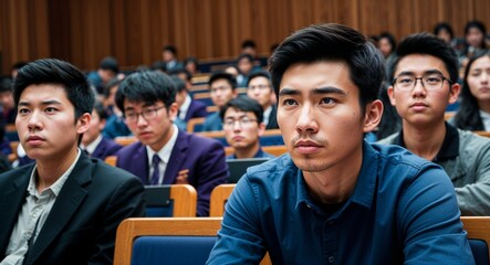 Sticker - Pensive Asian male high school student in auditorium background