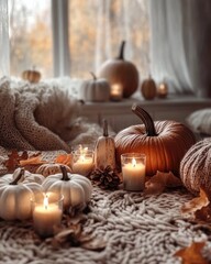 Sticker - Cozy autumn ambiance with pumpkins and candles for home decor