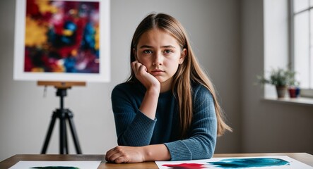 Wall Mural - Pensive Caucasian female teen in modern art studio photoshoot