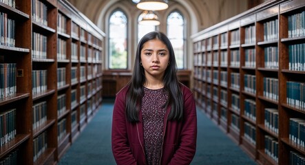 Sticker - Serious Hispanic female teen in university library background photoshoot