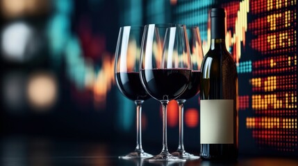 Canvas Print - Three glasses of red wine and a wine bottle on a table with a blurred colorful financial stock market chart background.