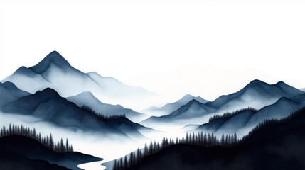 Canvas Print - Artistically depicted misty mountain landscape with layered peaks and dense forest. Monochromatic color scheme with shades of blue and white.