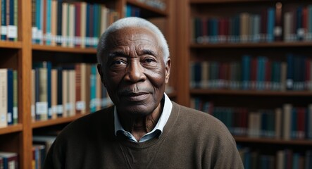 Wall Mural - Calm African male elderly model in library setting pictorial