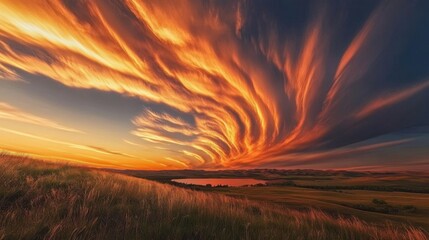 Fiery orange clouds streaking across the sky at sunset, casting a warm glow over the landscape, evoking feelings of awe and serenity