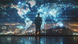 © NooPaew - A visionary business leader standing in front of a large digital screen showing global market opportunities, explaining bold strategies for future growth.