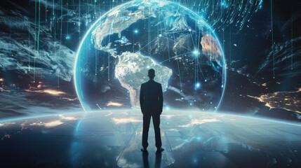 Wall Mural - A visionary global business leader standing in front of a massive digital globe, representing their control and influence over international markets and decisions