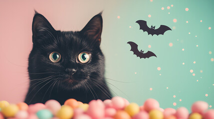 A curious black cat gazes at colorful candies with playful bats in the background, creating a whimsical Halloween scene.