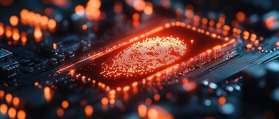 Closeup of digital fingerprint on a glowing circuit board, tech security