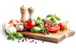 © Minerva Studio - Fresh tomatoes and basil resting on rustic cutting board with spices