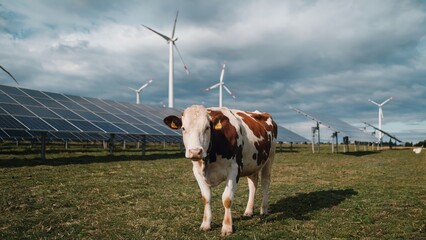 Ecology farm with cow in background renewable energy wind turbine and solar panels