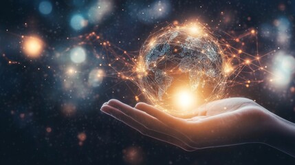 Wall Mural - double exposure hand holding global network connection on a backdrop of innovation, collaboration, a