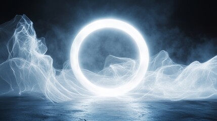 Canvas Print - a large white circle is floating in the air above a rocky, misty landscape