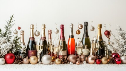 A festive arrangement of champagne bottles and glasses, with sparkling decorations, all set against a white backdrop.