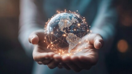 Wall Mural - double exposure hand holding global network connection on a backdrop of innovation, collaboration, a