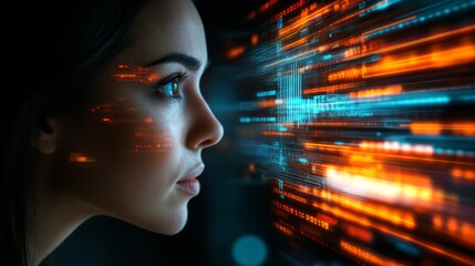 Wall Mural - woman looking at digital data stream