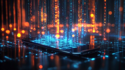 Wall Mural - futuristic smartphone with digital rain and glowing bokeh