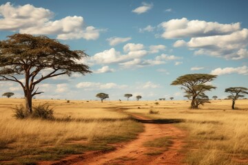 Wall Mural - African national park nature landscape grassland.