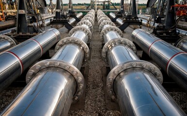 steel long pipes in crude oil factory during sunset. gas oil pipeline background