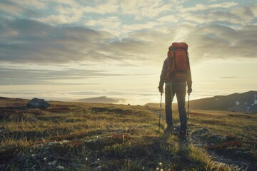 Wall Mural - Active hiker enjoying the view backpacking clothing footwear.