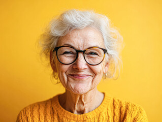 Canvas Print - A woman with glasses and a yellow sweater is smiling