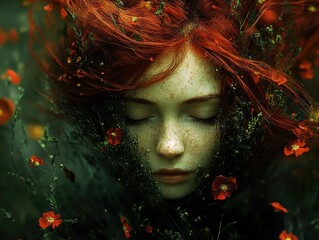 Canvas Print - Redhead Woman Surrounded by Flowers, Dreamy Portrait Photography