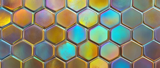 A colorful hexagonal tile pattern with a metallic sheen