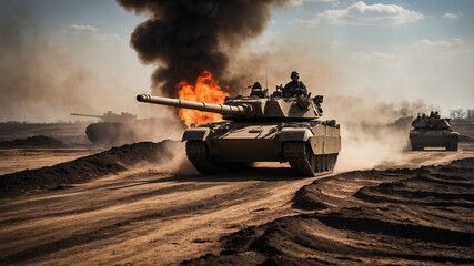 Tank engulfed in flames with soldier onboard amid a dramatic desert battleground at dusk.