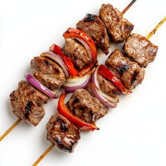 Wall Mural - Delicious grilled meat skewers with colorful vegetables. Perfect for barbecues and gatherings. A mouthwatering dish featuring tender beef chunks and fresh veggies. AI