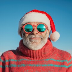 Man in Santa hat and sunglasses smiling outdoors on a sunny day