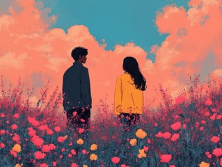 Wall Mural - Couple in Love Under a Sunset Sky