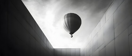 Surreal and ethereal black and white image of a hot air balloon silhouette peacefully floating in a dramatic moody cloudy sky  The minimalist