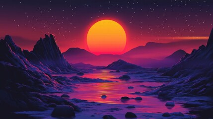 Wall Mural - A Vibrant Sunset Over a Mountainous, Watery Landscape