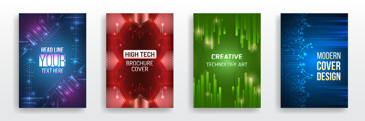 Modern technology design for posters. Futuristic background for flyer, brochure. Scientific cover template for presentation, banner. Page layout set for sci-fi. Set of high-tech covers for marketing.