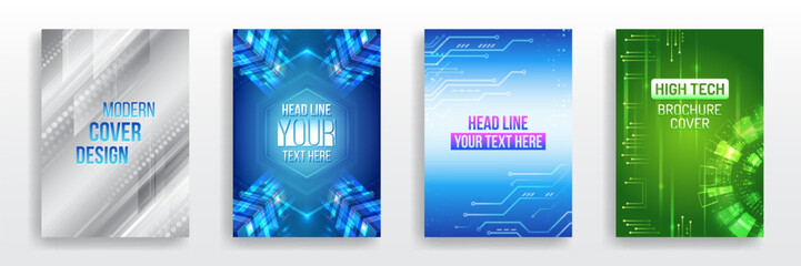 Wall Mural - Set of high-tech covers for marketing. Modern technology design for posters. Futuristic background for flyer, brochure. Scientific cover template for presentation, banner. Page layout set for sci-fi.