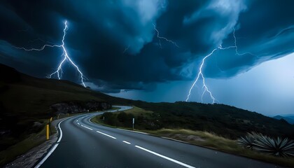Wall Mural - a winding road cuts through a dark landscape, with lightning bolts illuminating the stormy sky above