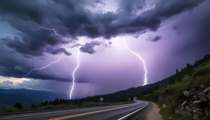 Wall Mural - lightning strikes illuminate a dramatic, stormy sky over a winding mountain road