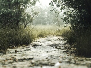 Poster - Tranquil Forest Path with Lush Greenery and Morning Mist