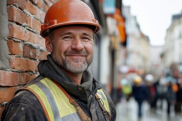 Man in an orange vest and a hard hat is smiling. Smiling construction worker, happy bricklayer, cheerful builder, wearing safety vest and helmet, outdoor work site, sunny day construction concept