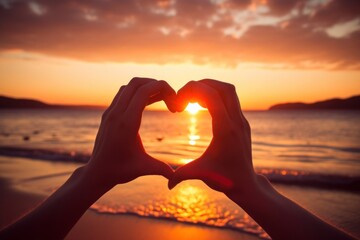 Wall Mural - Hands in the silhouette of a heart outline beach adult sun.