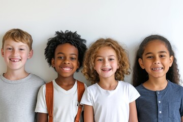 Group of happy children smiling and looking at the camera on white background