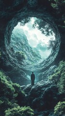 Poster - Mystical Cave Landscape: A Silhouette Stands Before a Surreal Mountain View